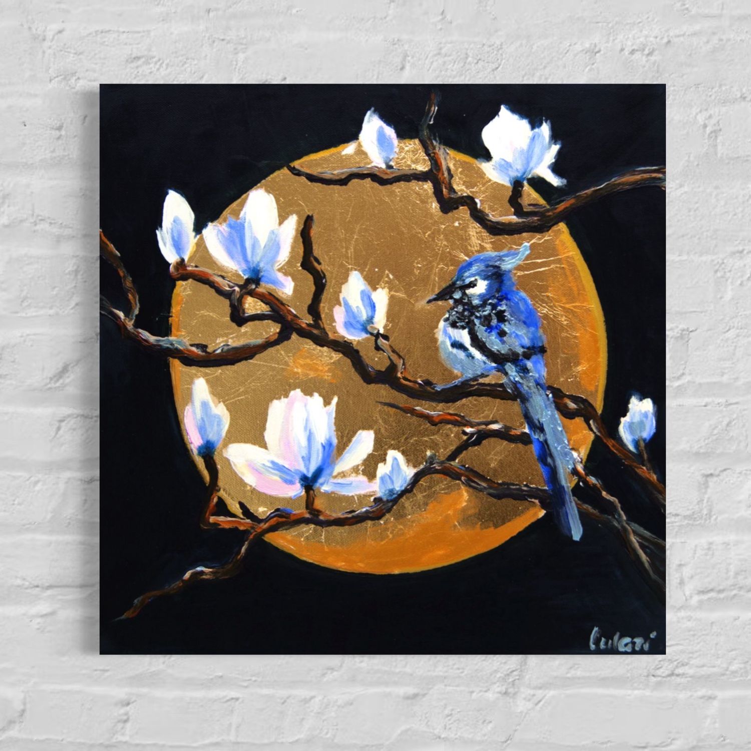 A Bird on a Magnolia Branch in Moonlight