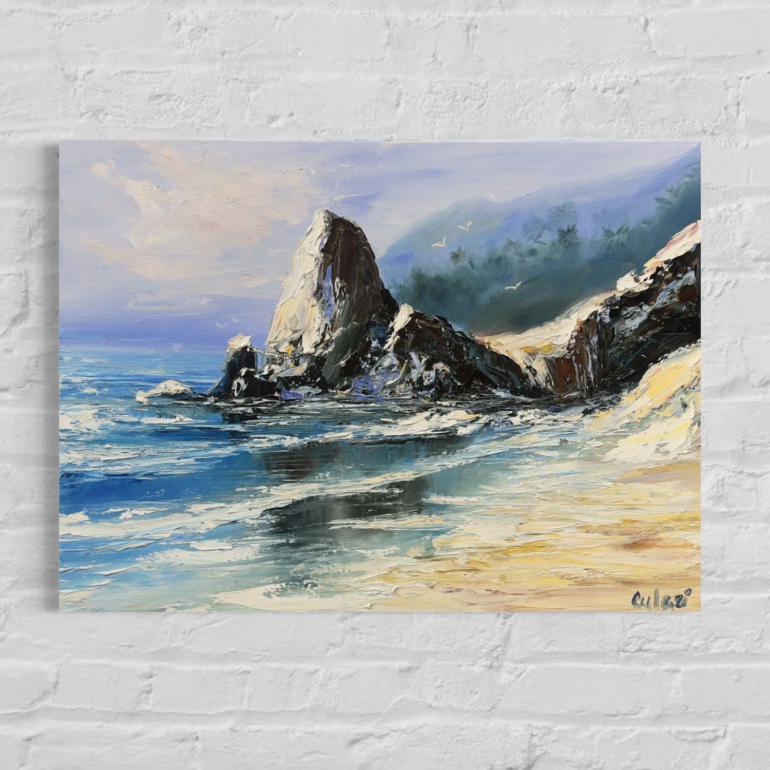 "Cliffs by the Sea with Seagulls" – Expressive Seascape in Oil