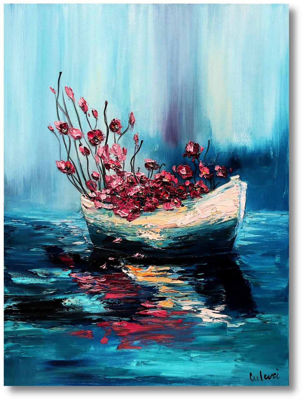 Flowers in the Rowboat – A Masterpiece of Modern Oil Painting