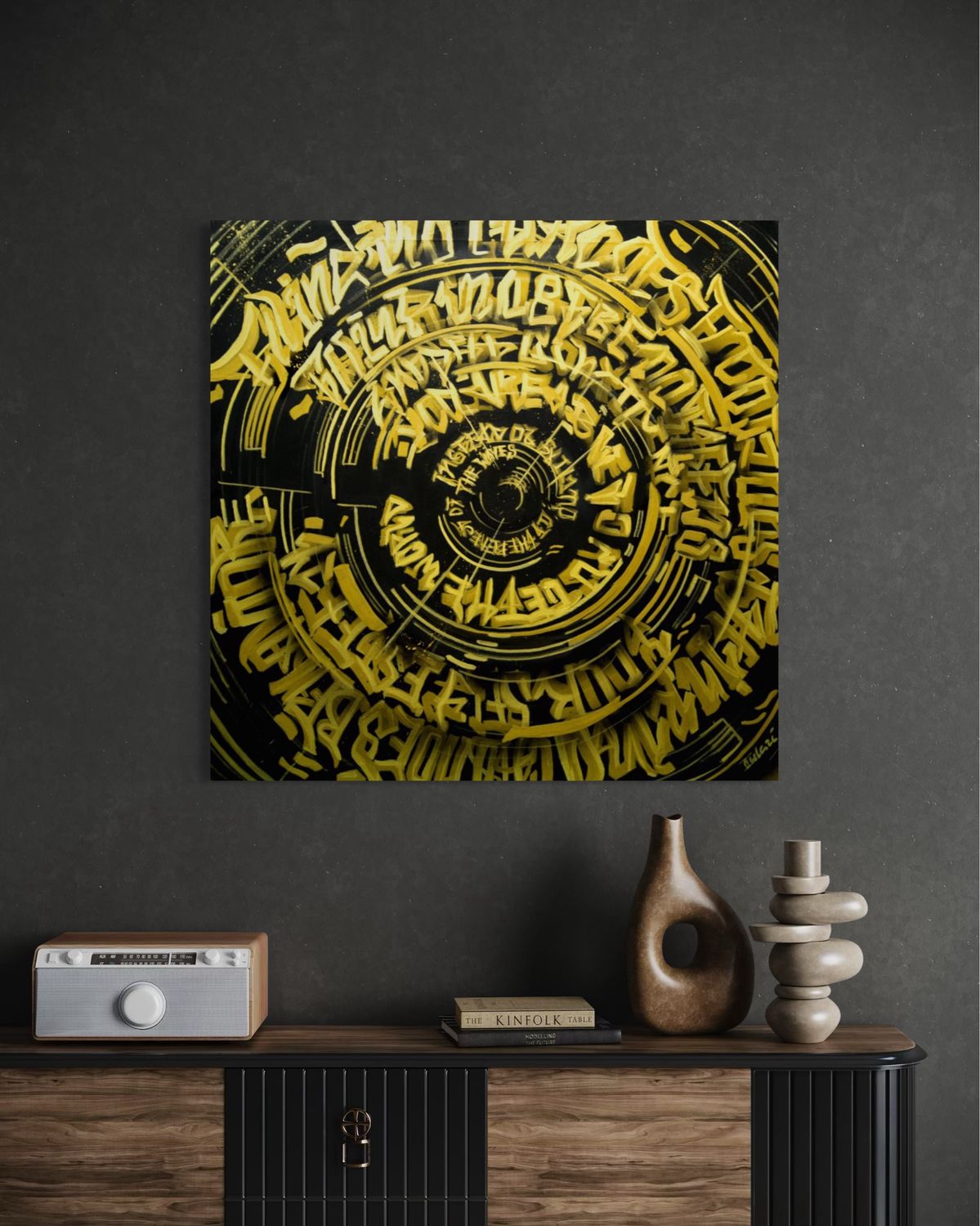 “Golden Spiral Voices” – Contemporary Acrylic Painting with Calligraphic Spiral Composition