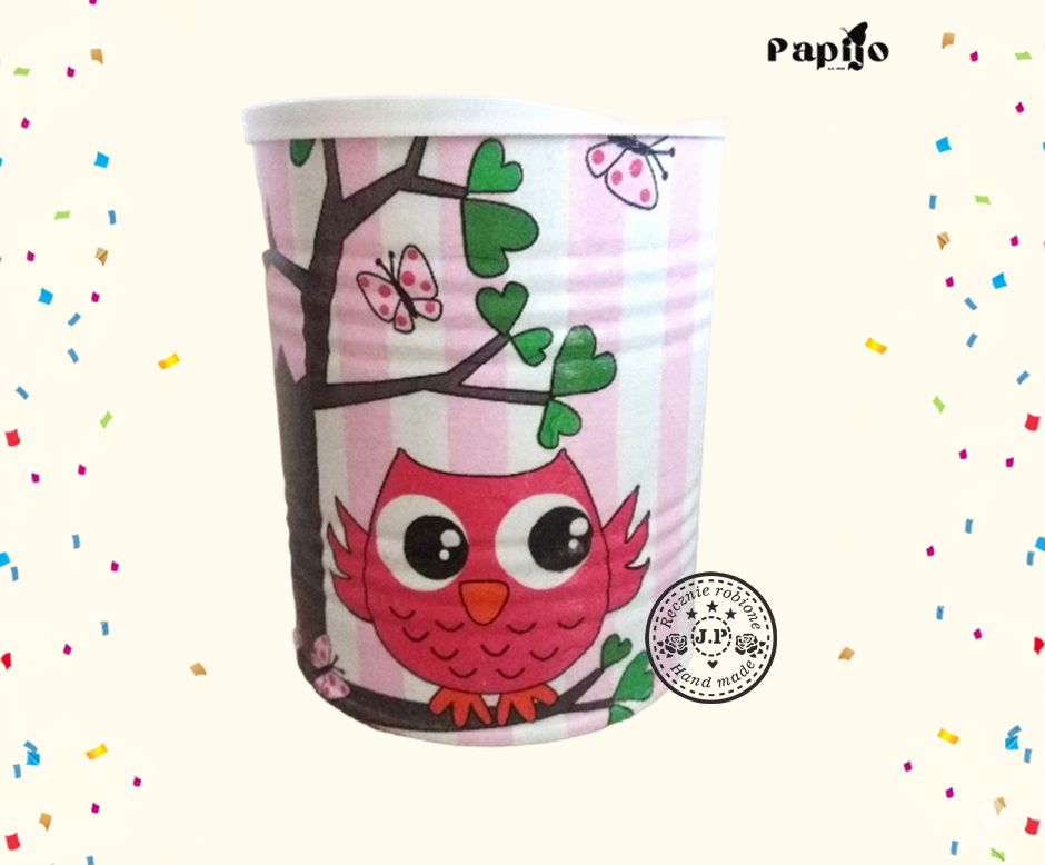 Metalowy pojemnik z różową Sówką