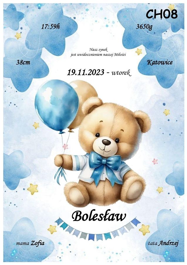Spersonalizowany plakat z okazji narodzin -  model miś z balonem