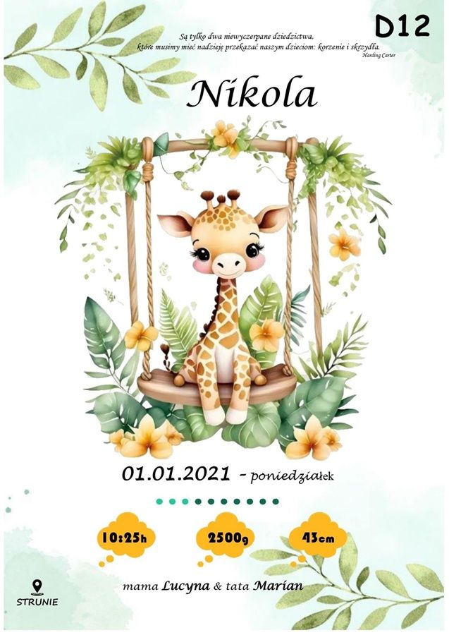 Spersonalizowany plakat z okazji narodzin - model żyrafka