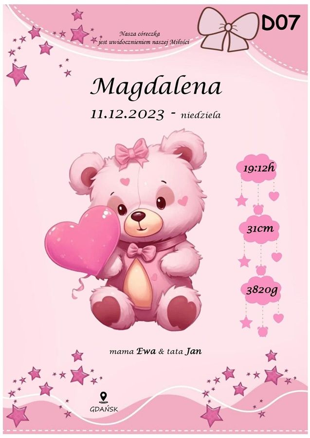 Spersonalizowany plakat z okazji narodzin - model miś z serduszkiem