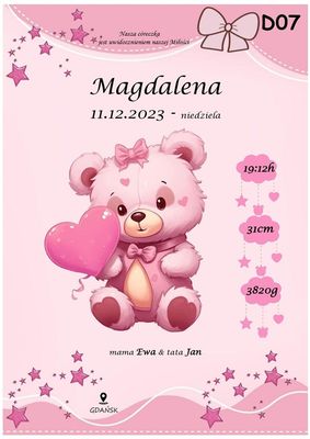 Spersonalizowany plakat z okazji narodzin - model miś z serduszkiem