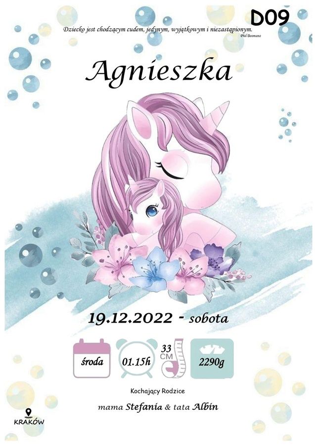 Spersonalizowany plakat z okazji narodzin - model jednorożec
