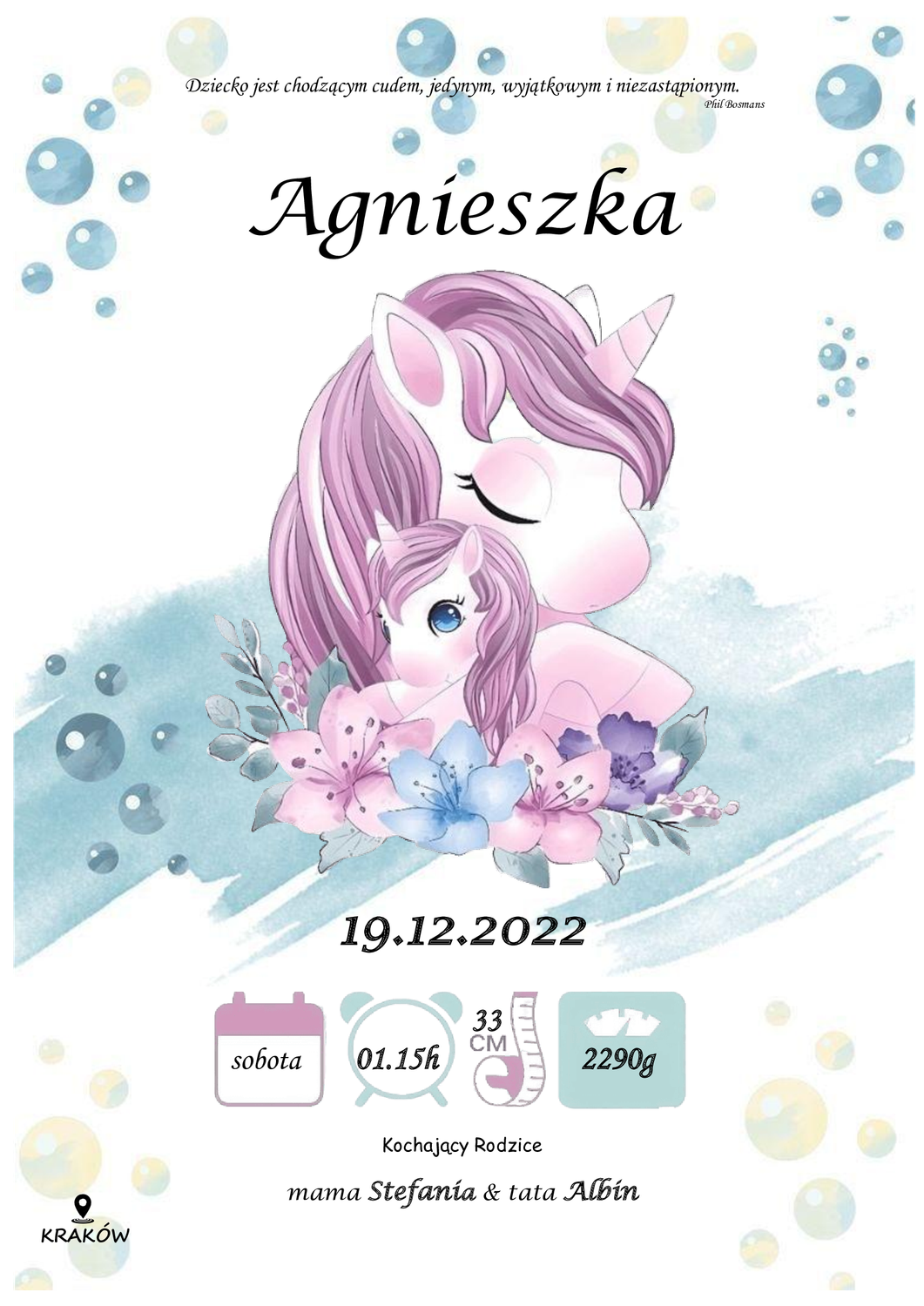 Spersonalizowany plakat z okazji narodzin - model jednorożec