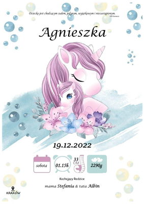 Spersonalizowany plakat z okazji narodzin - model jednorożec