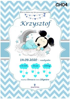 Spersonalizowany plakat z okazji narodzin - model śpiąca myszka Miki