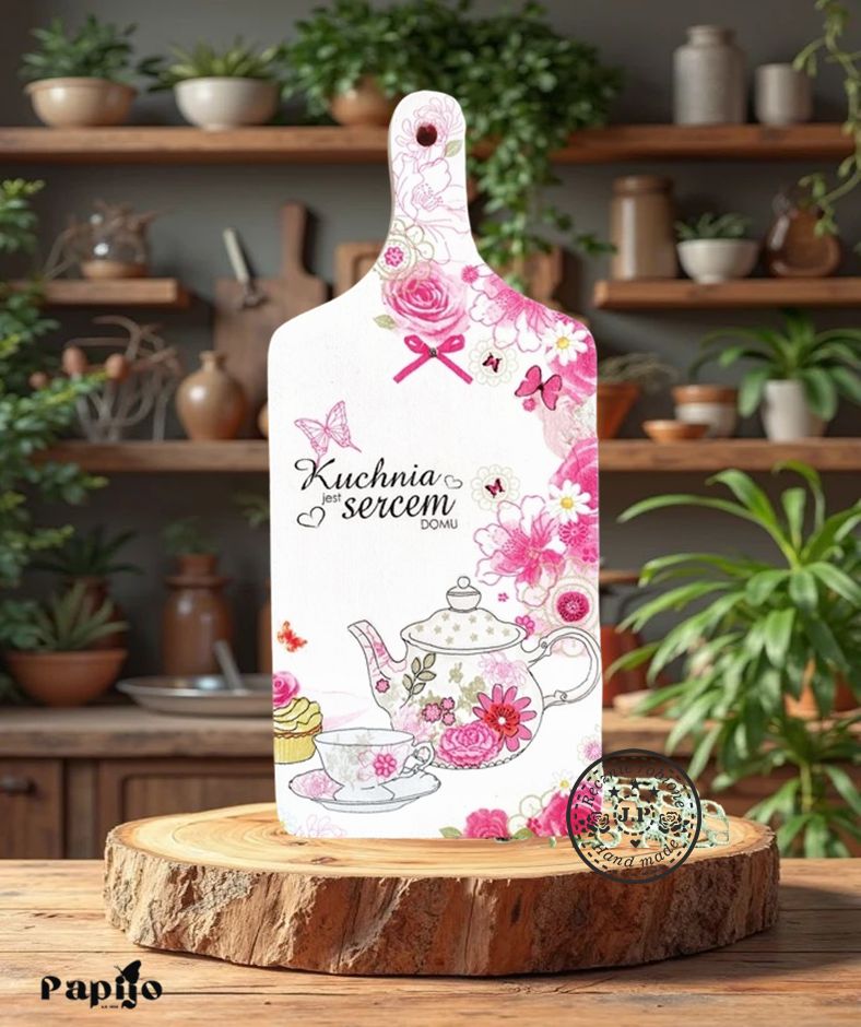 Ozdobna deska z czajniczkiem z różą