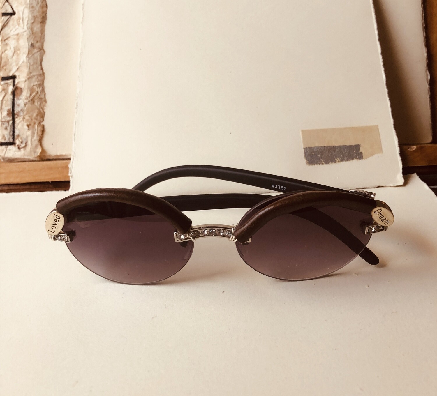 Brown Leather Oval Rhinestone sunglasses