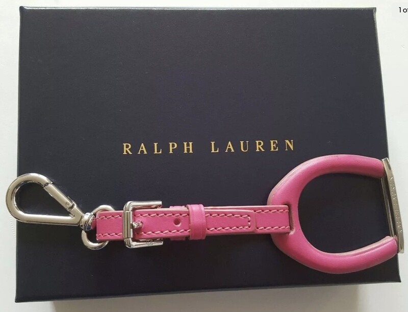 RALPH LAUREN PINK LEATHER STAINLESS STEEL STIRRUP KEYCHAIN