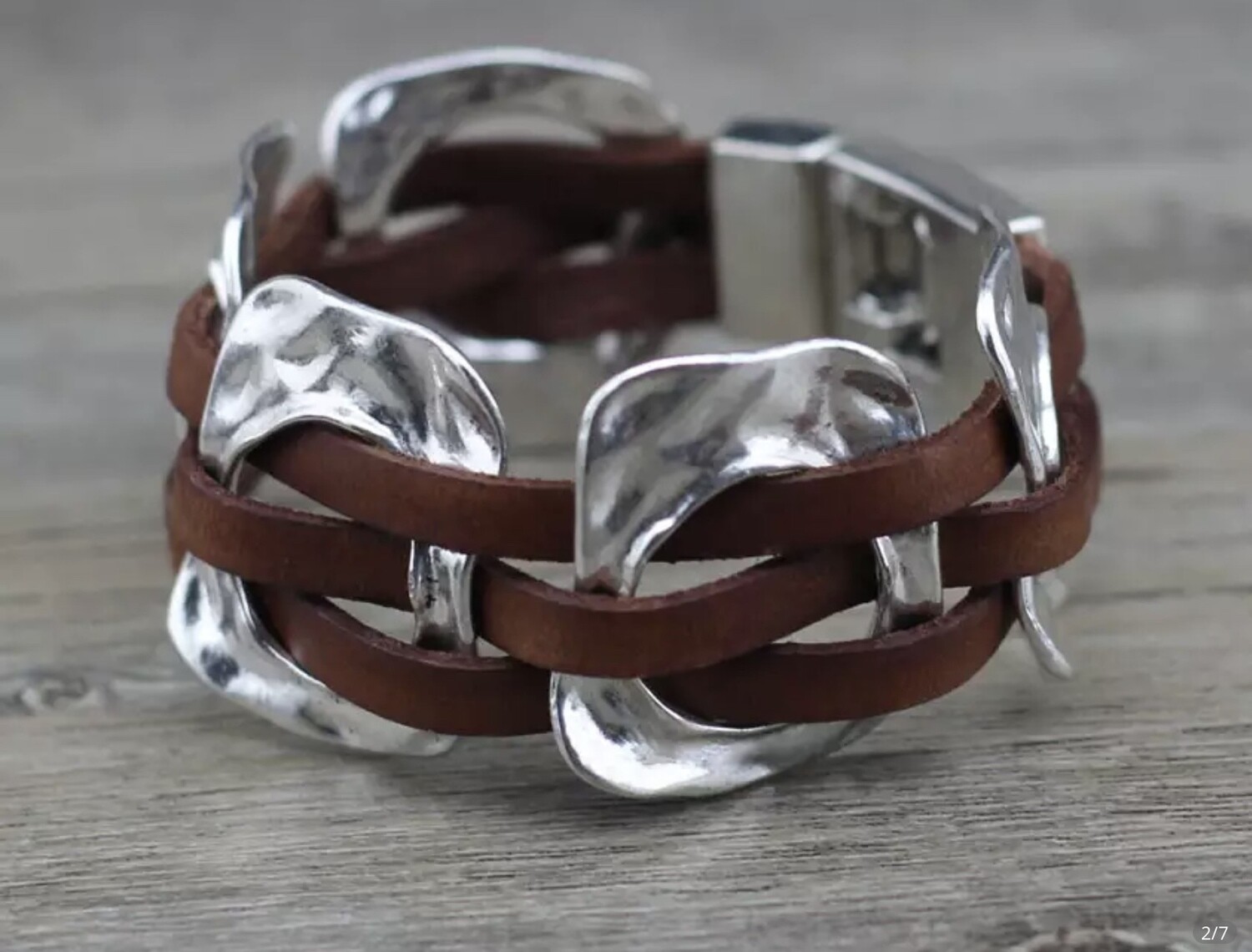 Brown Leather Bracelet Hammered Metal