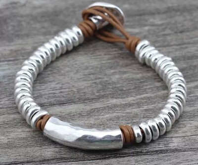 Brown Leather Bracelet With Metal Beads Brown Leather Bracelet With Metal Beads