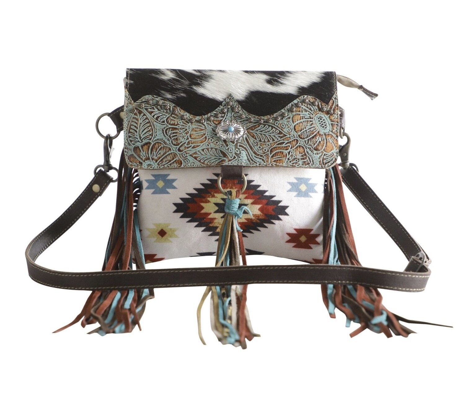 Western Carpet Bag Handbag Leather Fringe Aztec Pattern