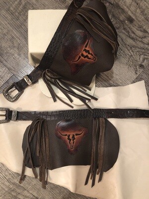 Western Boot Cuffs Brown Leather w/Orange steer head