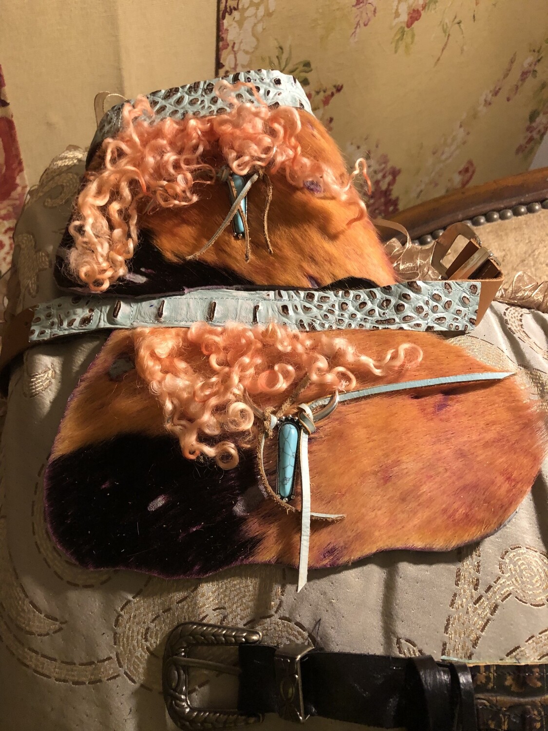 Western Boot Cuffs Acid Washed & Dyed Orange & Teal Hide