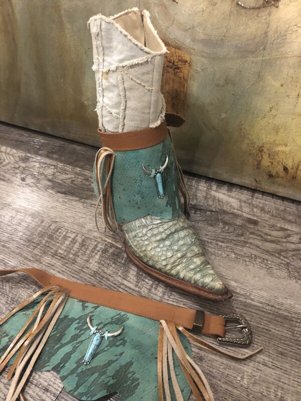 Western Boot Cuffs Teal Acid Washed Hide w/Steer-head