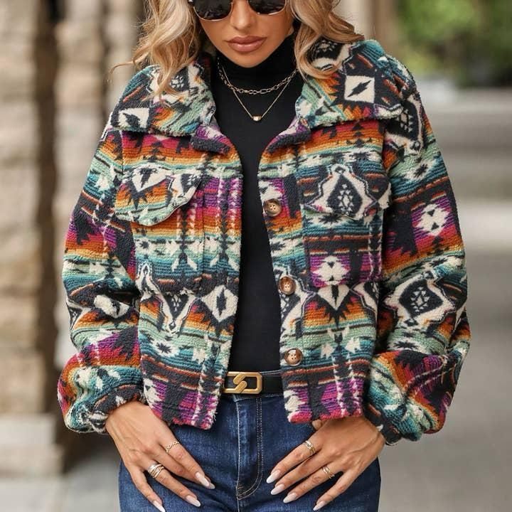 Manteau court ample à manches longues imprimé de style ethnique pour femme