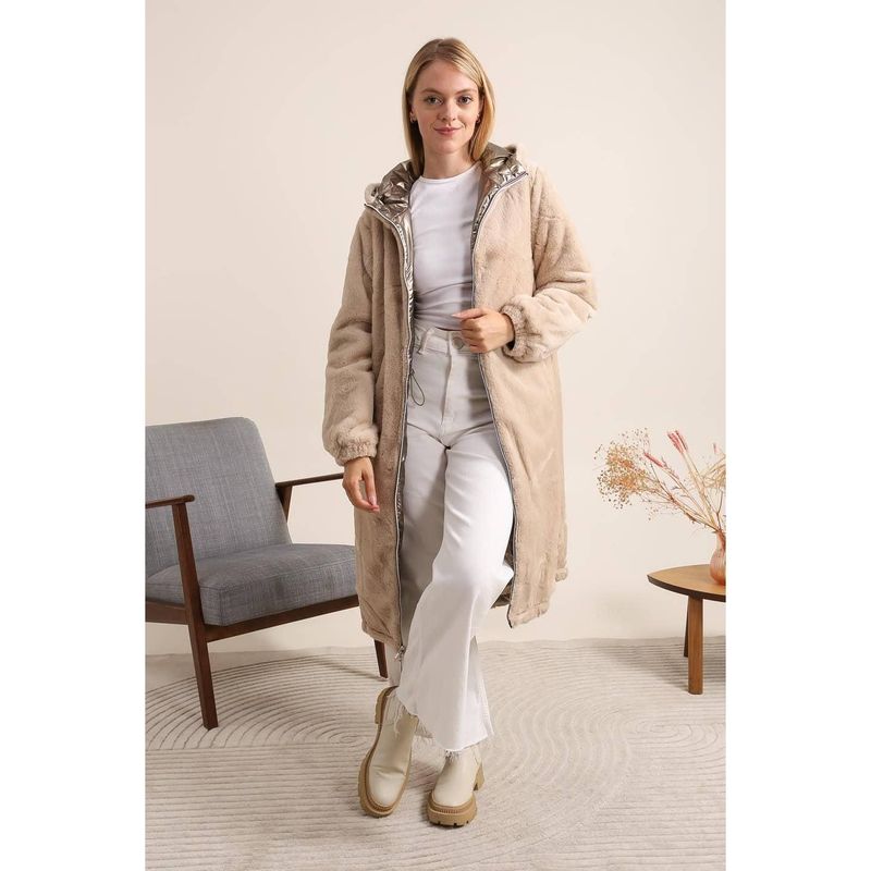 Parka réversible extra-longue avec fourrure unie kaki