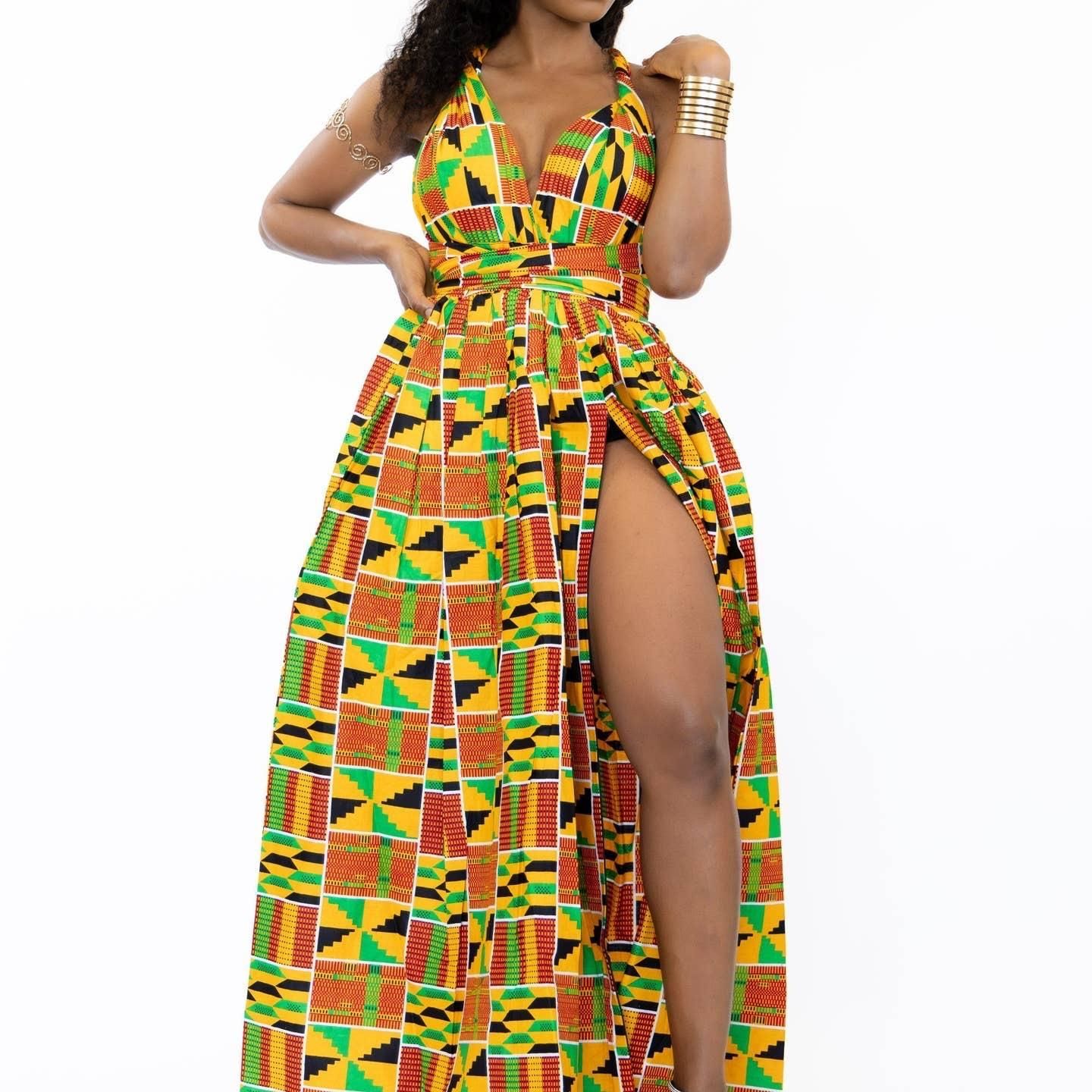 Robe maxi multi-positions à imprimé africain kente orange/vert