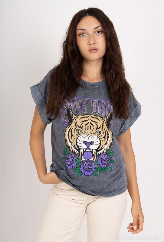 T-shirt délavé à imprimé tigre