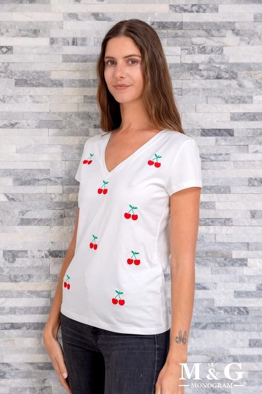 T-shirt col V avec cerises brodées