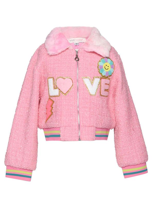 Blouson aviateur en tweed avec col en fausse fourrure et détail d'amour.