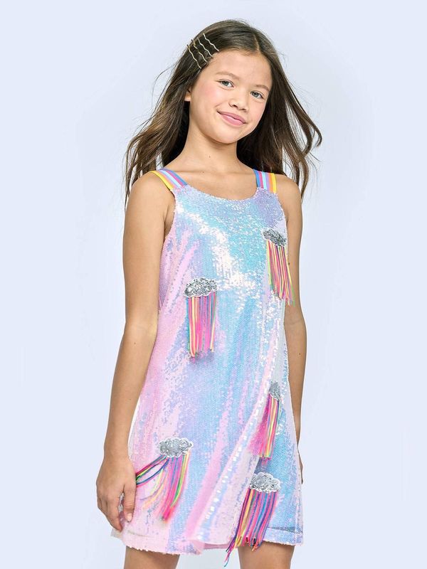 Robe à sequins en ligne avec des bretelles colorée et des franges