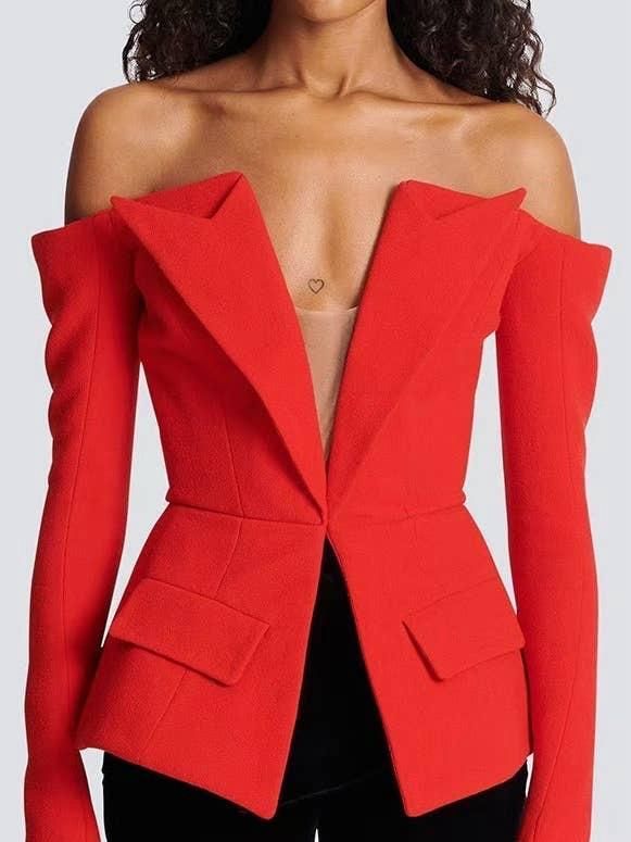 Blazer rouge chic à épaules dénudées avec fermeture éclair arrière