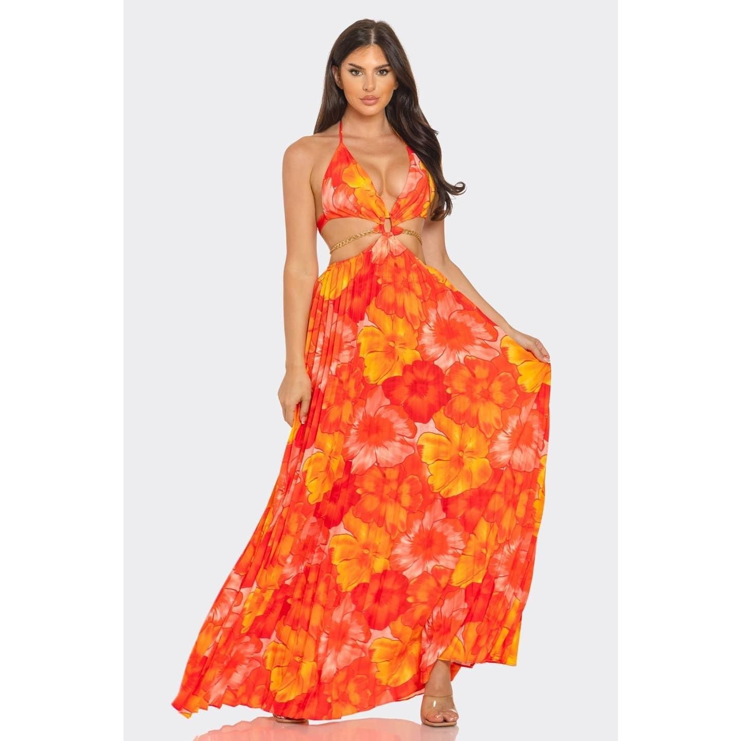 Robe longue plissée imprimée  à dos-nu et laçage