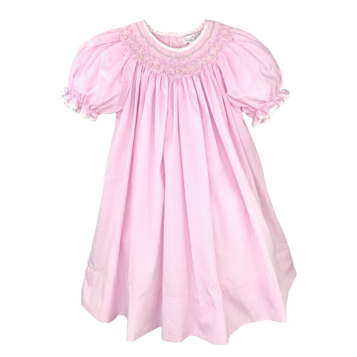 Robe à carreaux rose avec smocks bishop