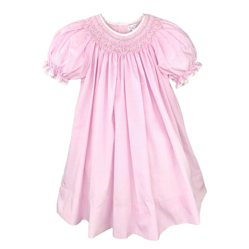 Robe à carreaux rose avec smocks bishop