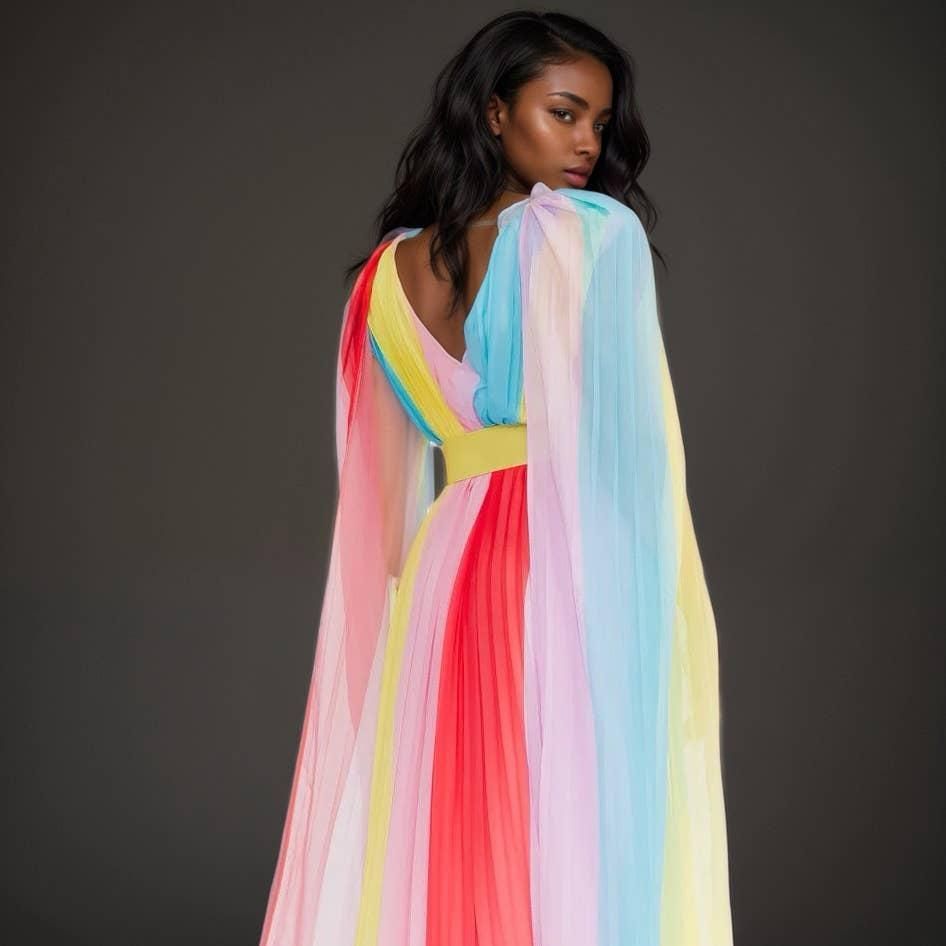 Robe longue plissée à blocs de couleur