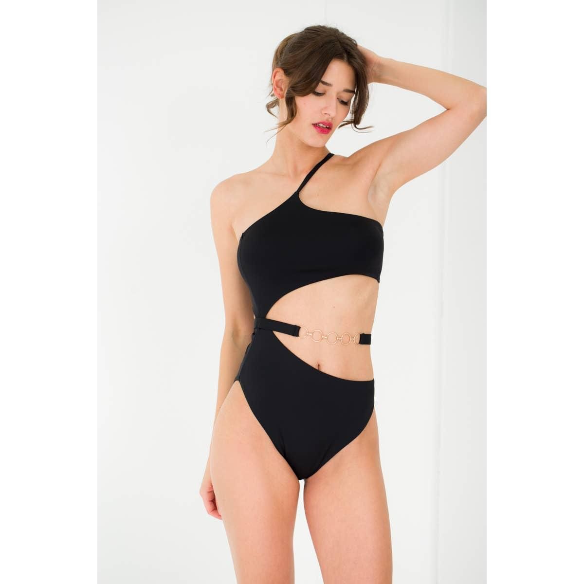 Maillot de bain 1 pièce asymétrique à une épaule avec anneau doré