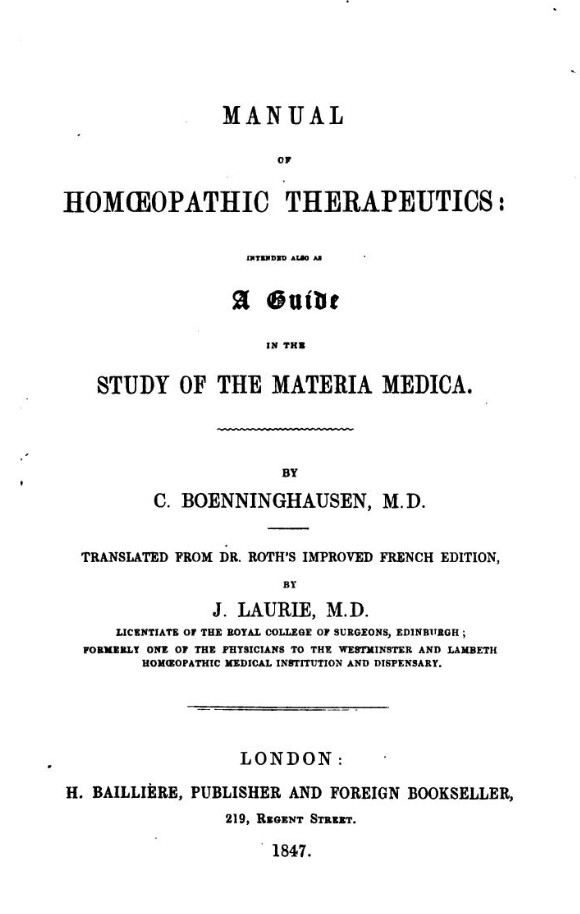 Manual of Homoeopathic therapeutics: A guide to the study of materia medica* Translated by Laurie