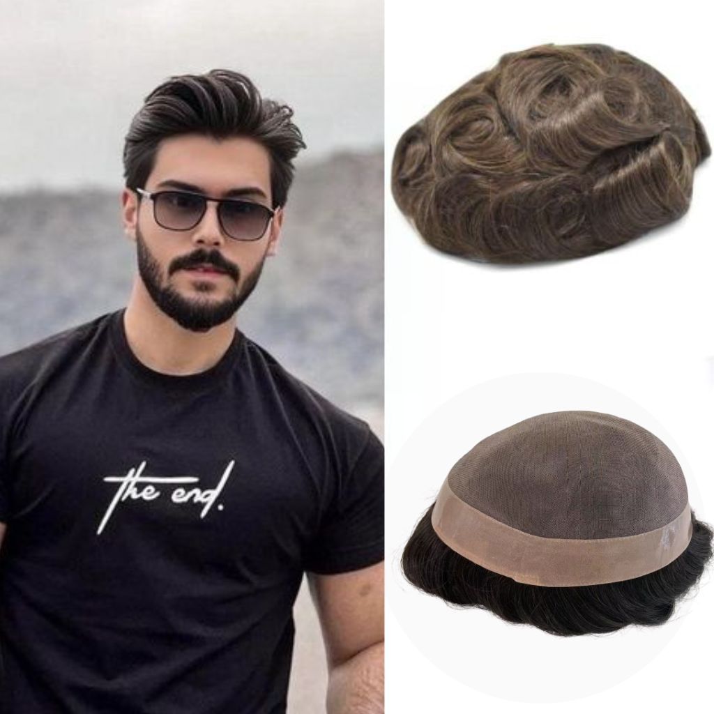 D7 - 3 : Hand Tied Men&#39;s Toupee Hairpiece Durable Fine Mono Hair System With PU Perimeter 130 % Medium Density.
