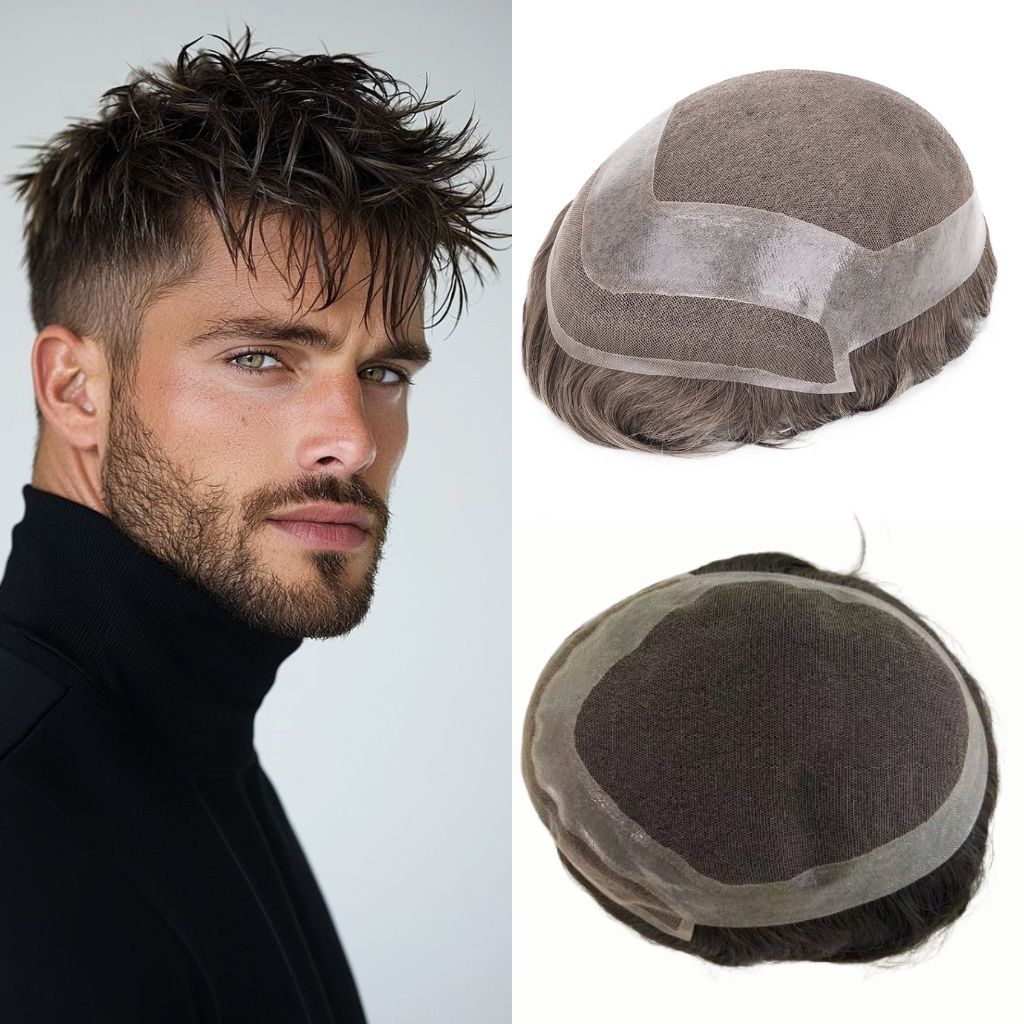 Hollywood: Men&#39;s Toupee – Premium Hand-Knotted Hairpiece with Full Lace Center, 1&quot; Thin Skin Perimeter &amp; 1/2&quot; Lace Front, 8&quot;x10&quot;, 120%-130% Natural Density