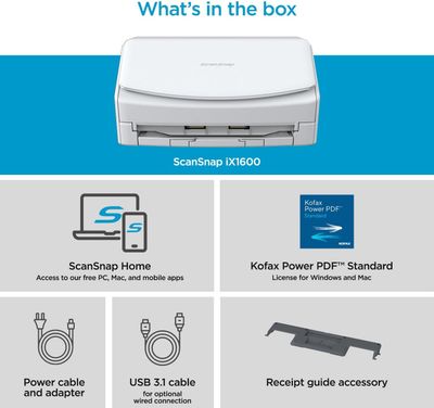 ScanSnap iX1600 Wireless or USB High-Speed Cloud Enabled Document, Photo &amp; Receipt Scanner