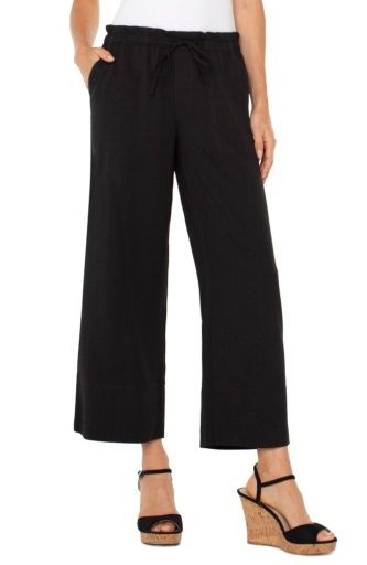 Pull On Tie Waist Wide Leg Ankle, Color: black, Size: M