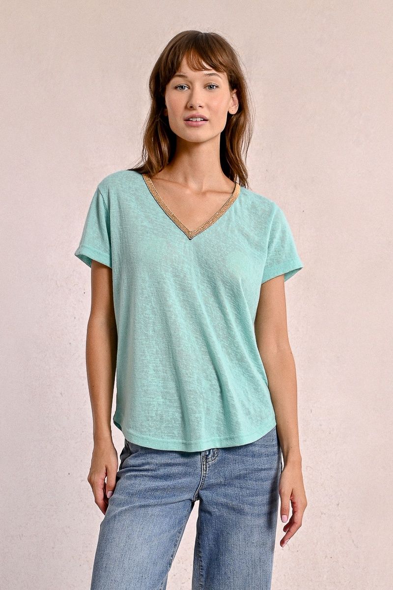 Gold Trim V Neck - Turquoise