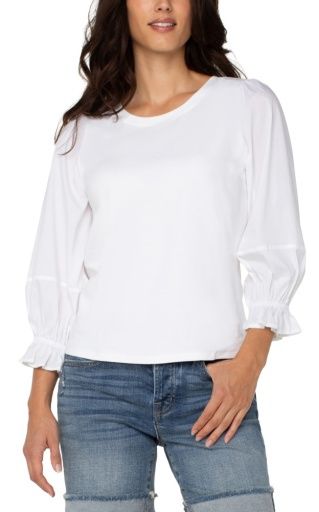3/4 Blouson Sleeve Knit To Woven Top, Size: XS