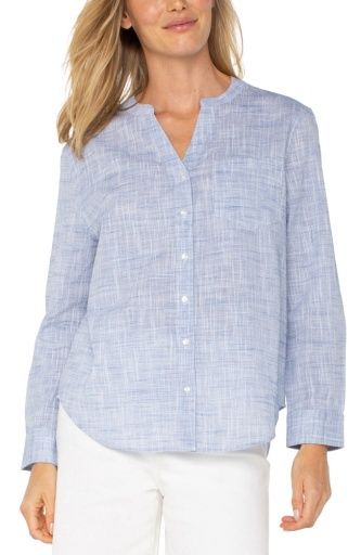 Button Front Woven Shirt With Banded Collar, Size: XS
