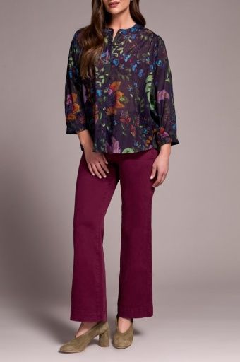 FLOWY DOLMAN SLEEVE BLOUSE WITH SELF-COVERING BUTTONS-NIGHTFALL, Size: XS