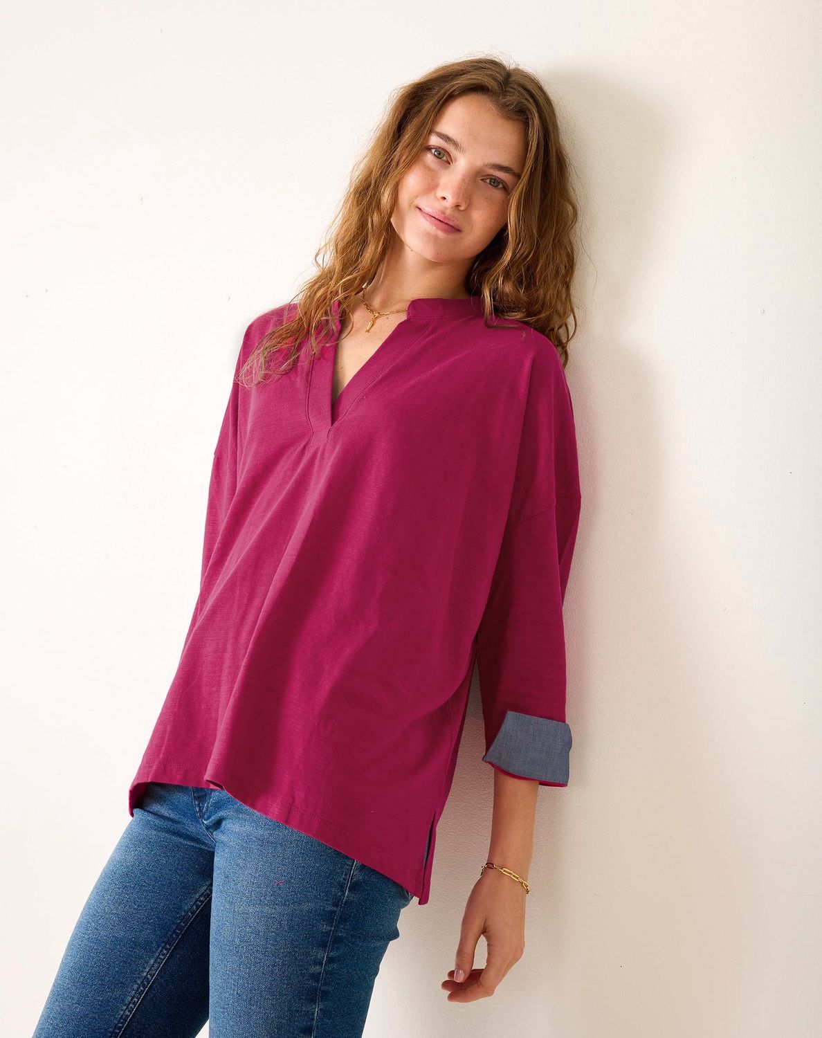 Amelia Cuff Tee, Color: Wildberry OS