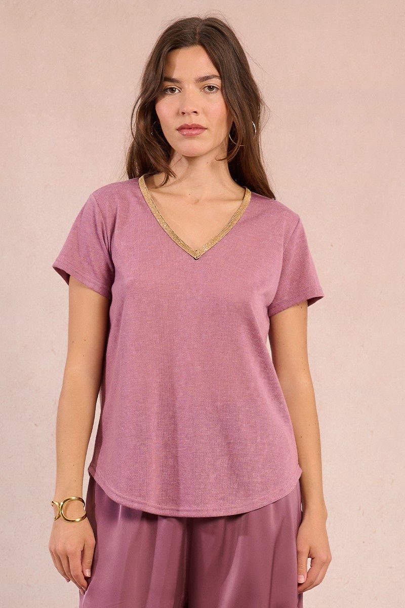 Gold Trim  V Neck - Lilac