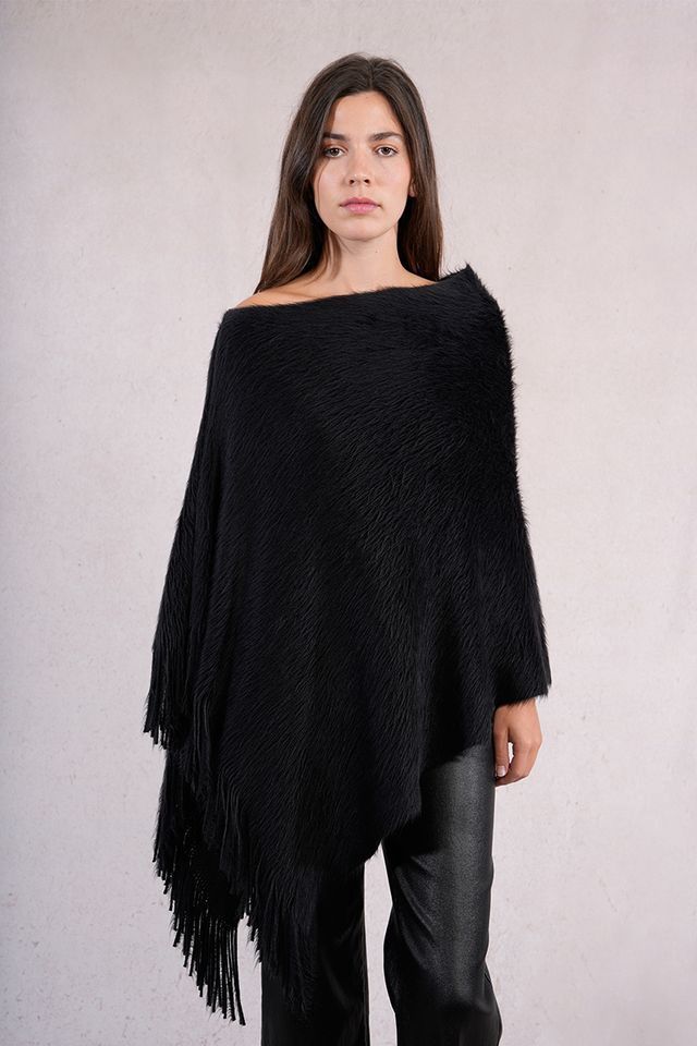 Fringe Poncho, Color: Black