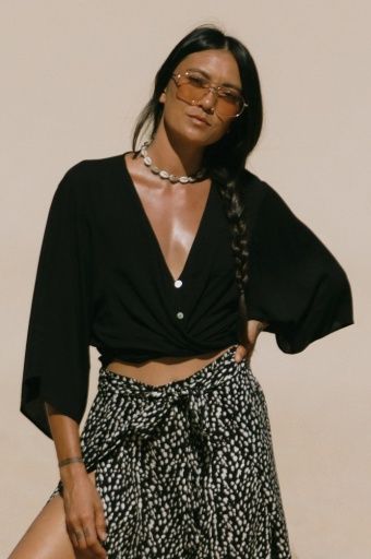 Front-Tie Kimono Top - Black, Colour: BLACK, Size: XL