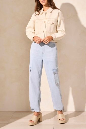 Drop Shoulder Crop Denim Jacket - Ecru, Size: M