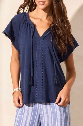 Split Neck Top with Tassel, Color: JET BLUE, Size: L